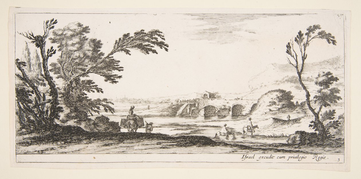 Planche 3 : deux cavaliers traversant une rivière à droite, une femme avec deux paniers sur un âne, vers 1641 - Stefano della Bella