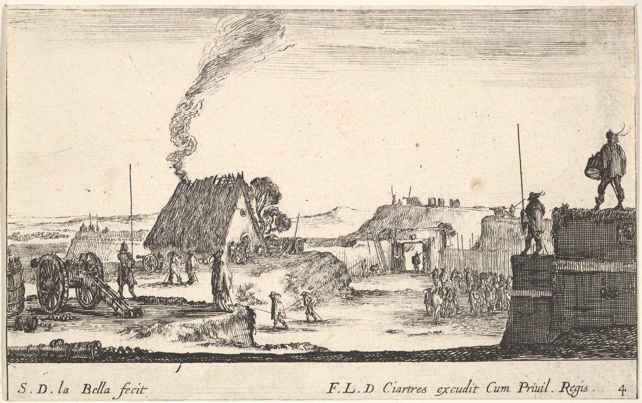 Planche 4: Un camp militaire avec un soldat debout sur un parapet à droite battant..., vers 1641 - Stefano della Bella