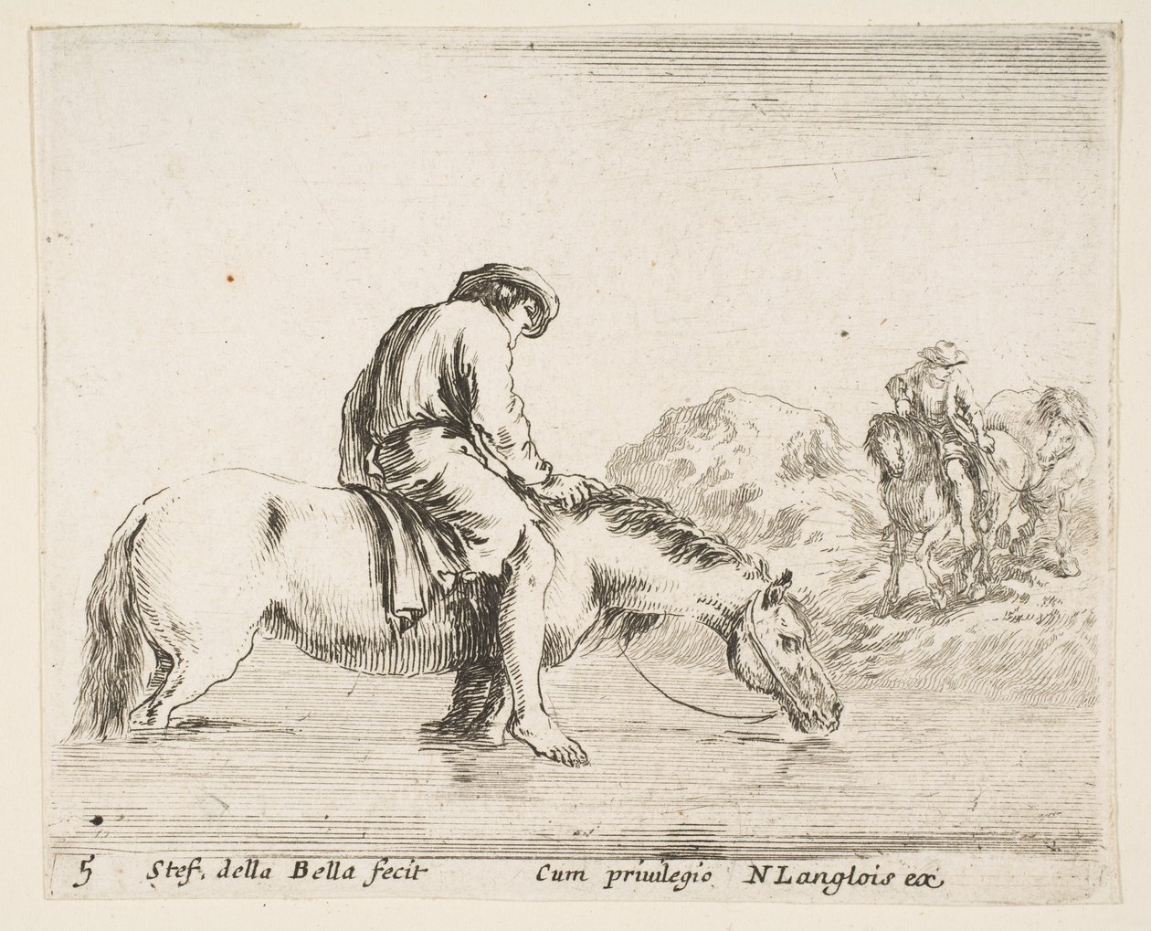 Planche 5: un paysan pieds nus à cheval traversant une rivière, un autre paysan à cheval..., ca. 1644-47 - Stefano della Bella