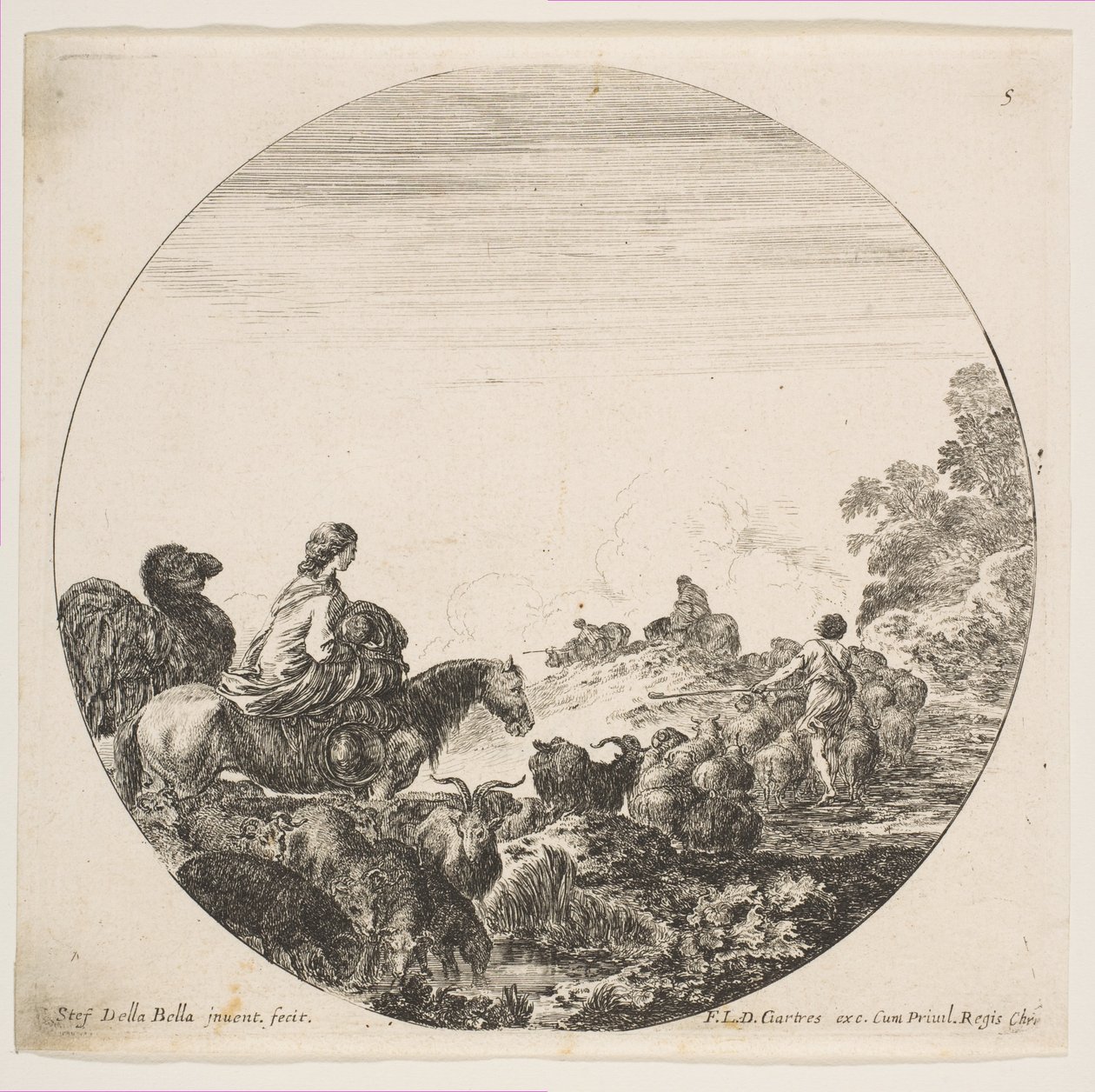 Planche 5: une femme portant un enfant sur un cheval à gauche, un chameau la suivant, un troupeau de..., vers 1646 - Stefano della Bella