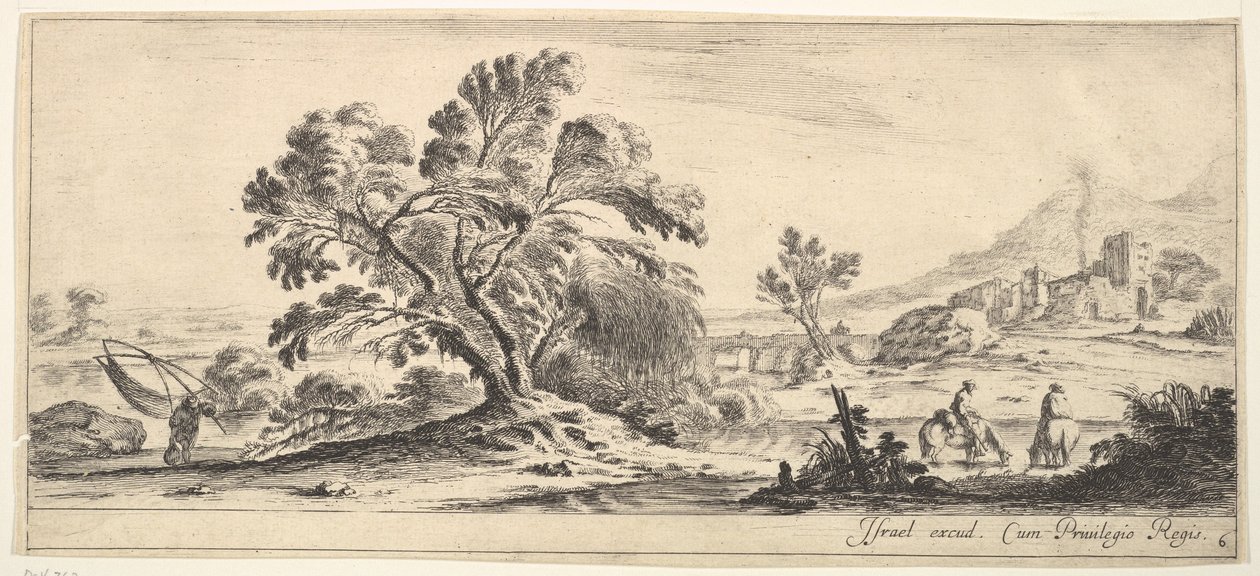 Planche 6 : un pêcheur portant un filet à gauche, deux cavaliers dans un ruisseau à droite, un arbre..., vers 1641 - Stefano della Bella