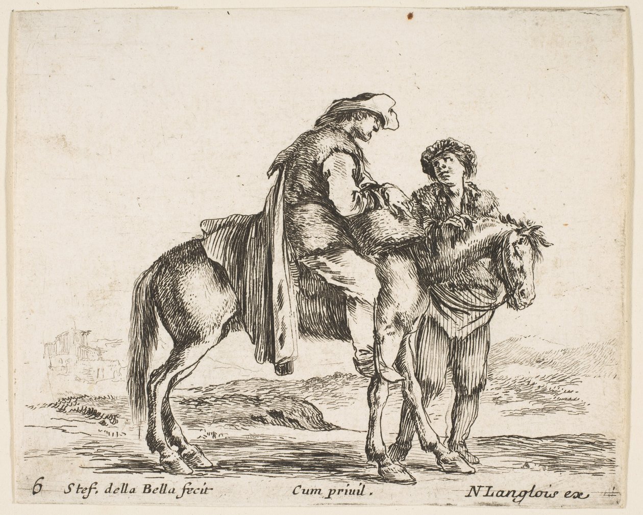 Planche 6 : un paysan à cheval de profil tourné vers la droite, tenant un panier et t..., vers 1644-47 - Stefano della Bella
