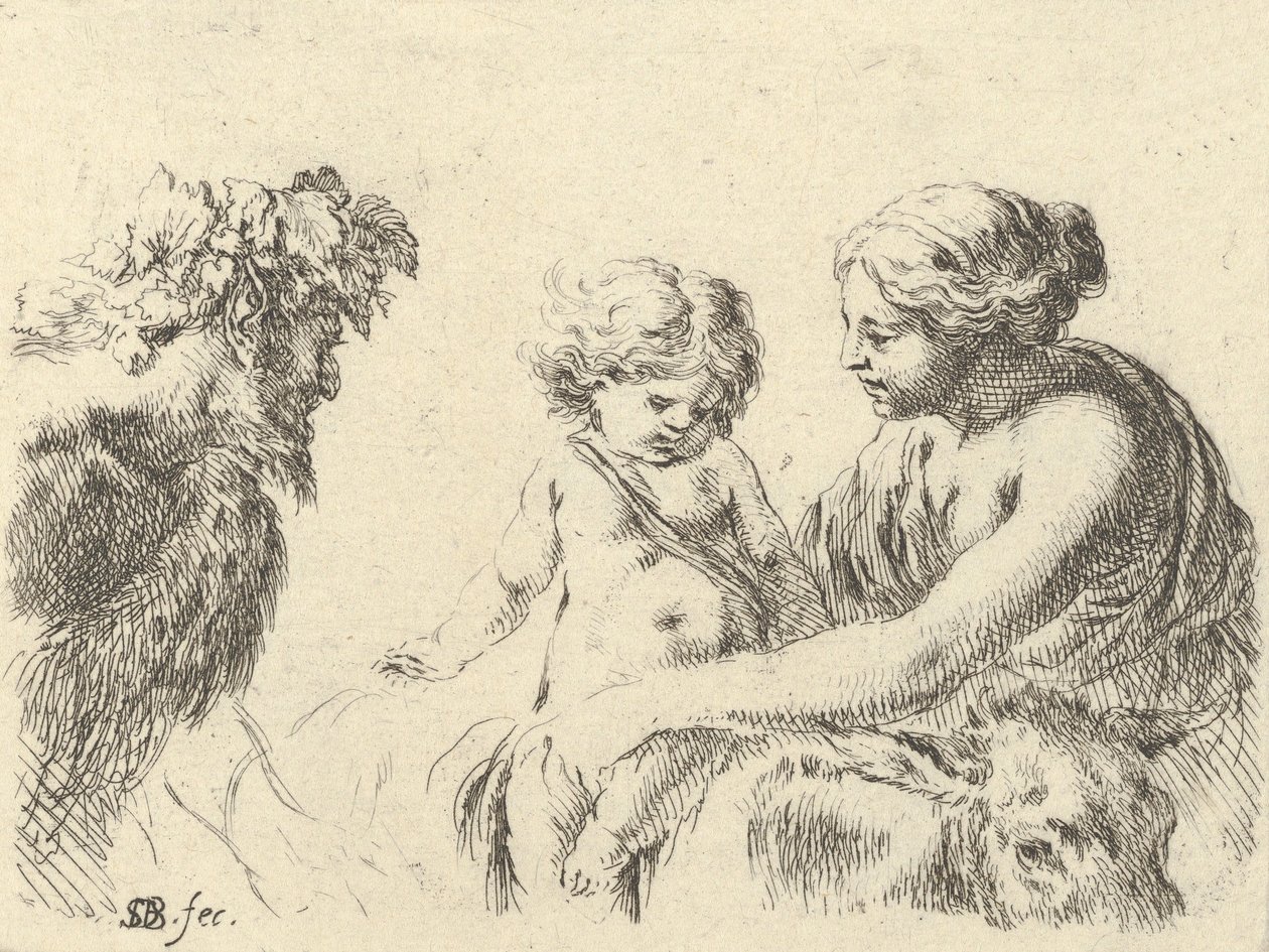 Planche 6 : une femme à droite tenant son enfant assis sur un âne, un satyre à gauche, vers 1646 - Stefano della Bella