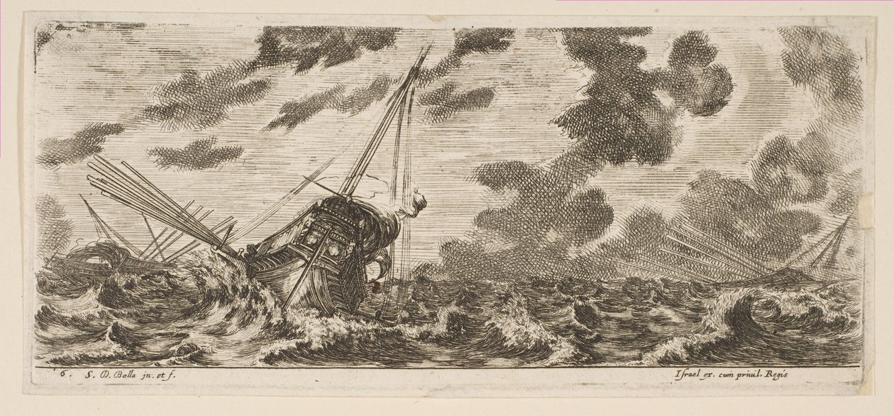 Plaque 6 : trois navires dans une tempête, de Divers embarquements, vers 1646-47 - Stefano della Bella