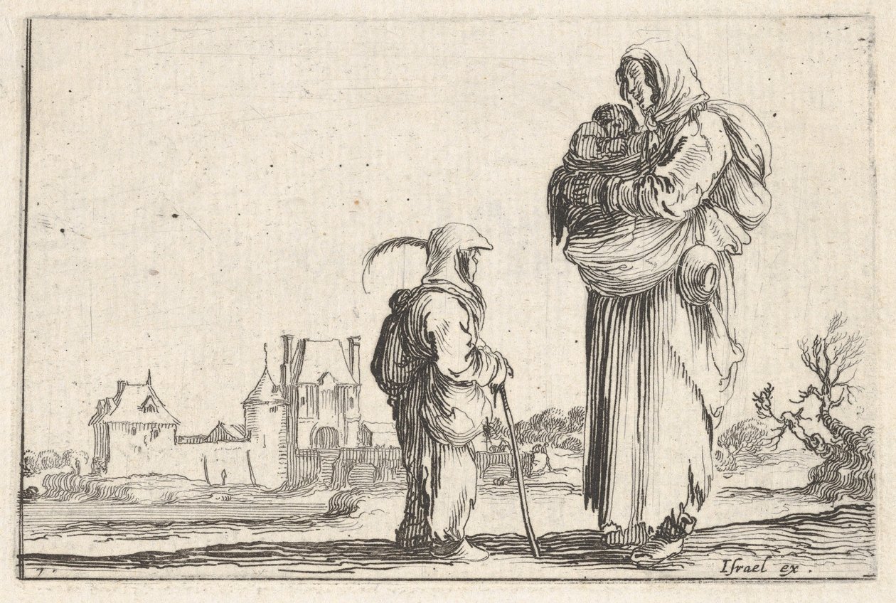 Planche 7 : une paysanne portant un enfant à droite, parlant à un autre enfant debout..., vers 1642 - Stefano della Bella