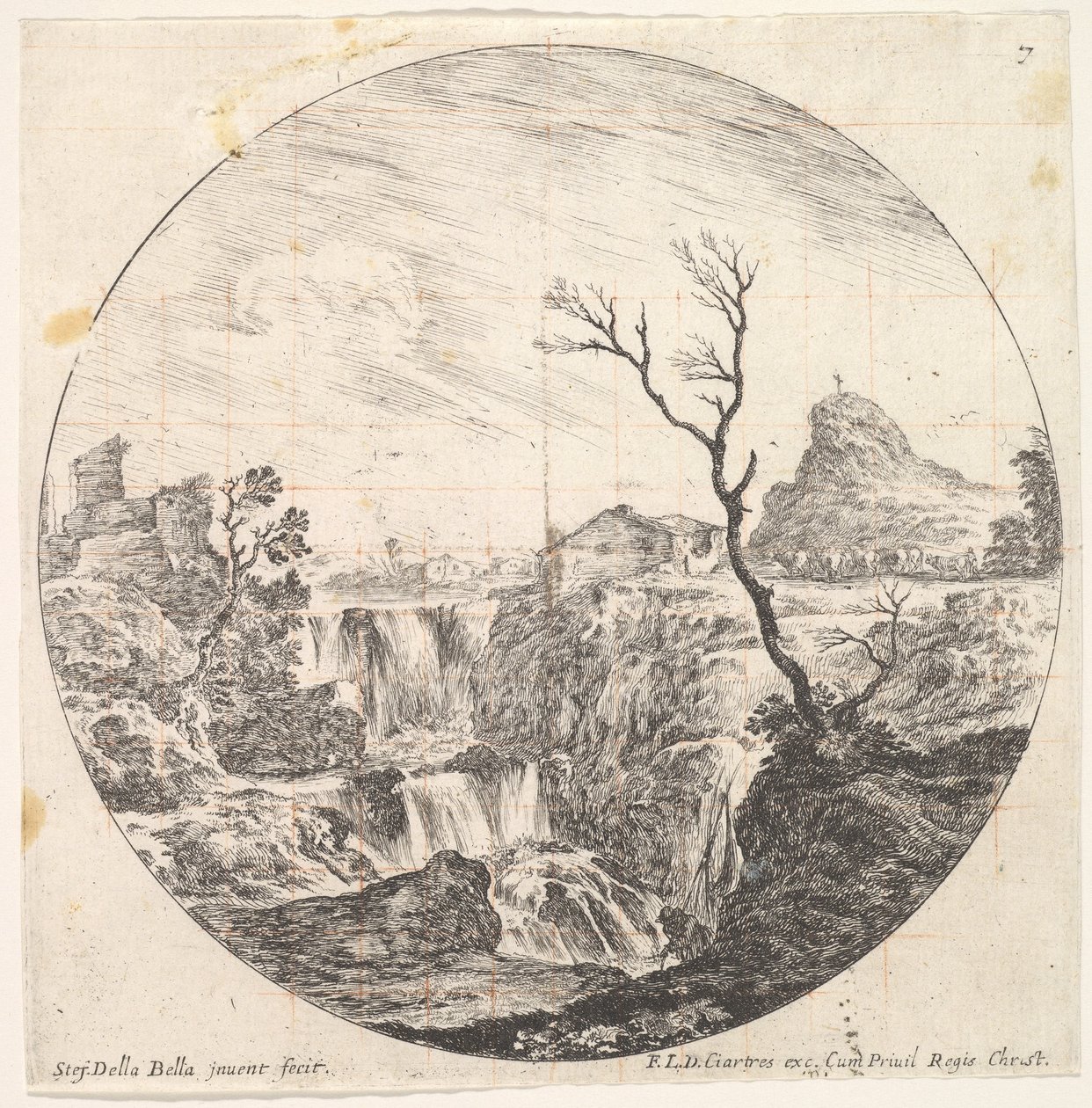 Planche 7 : une triple cascade, un arbre mort à droite, une montagne et un troupeau de vaches, vers 1643-48 - Stefano della Bella