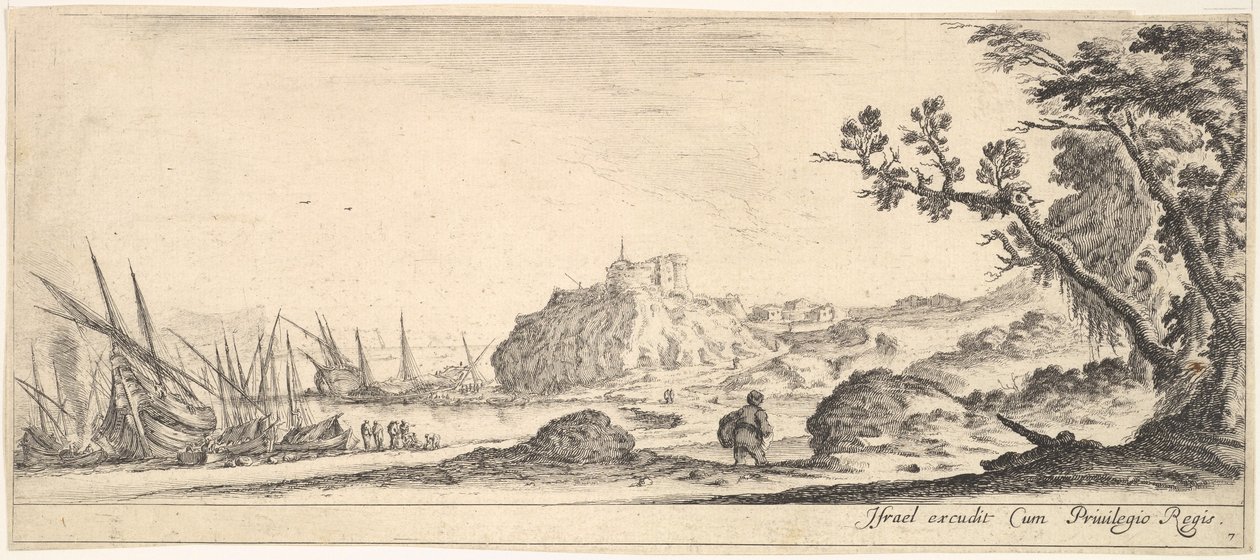 Planche 7 : divers bateaux sur le rivage à gauche, un homme portant un sac, vu de dos - Stefano della Bella