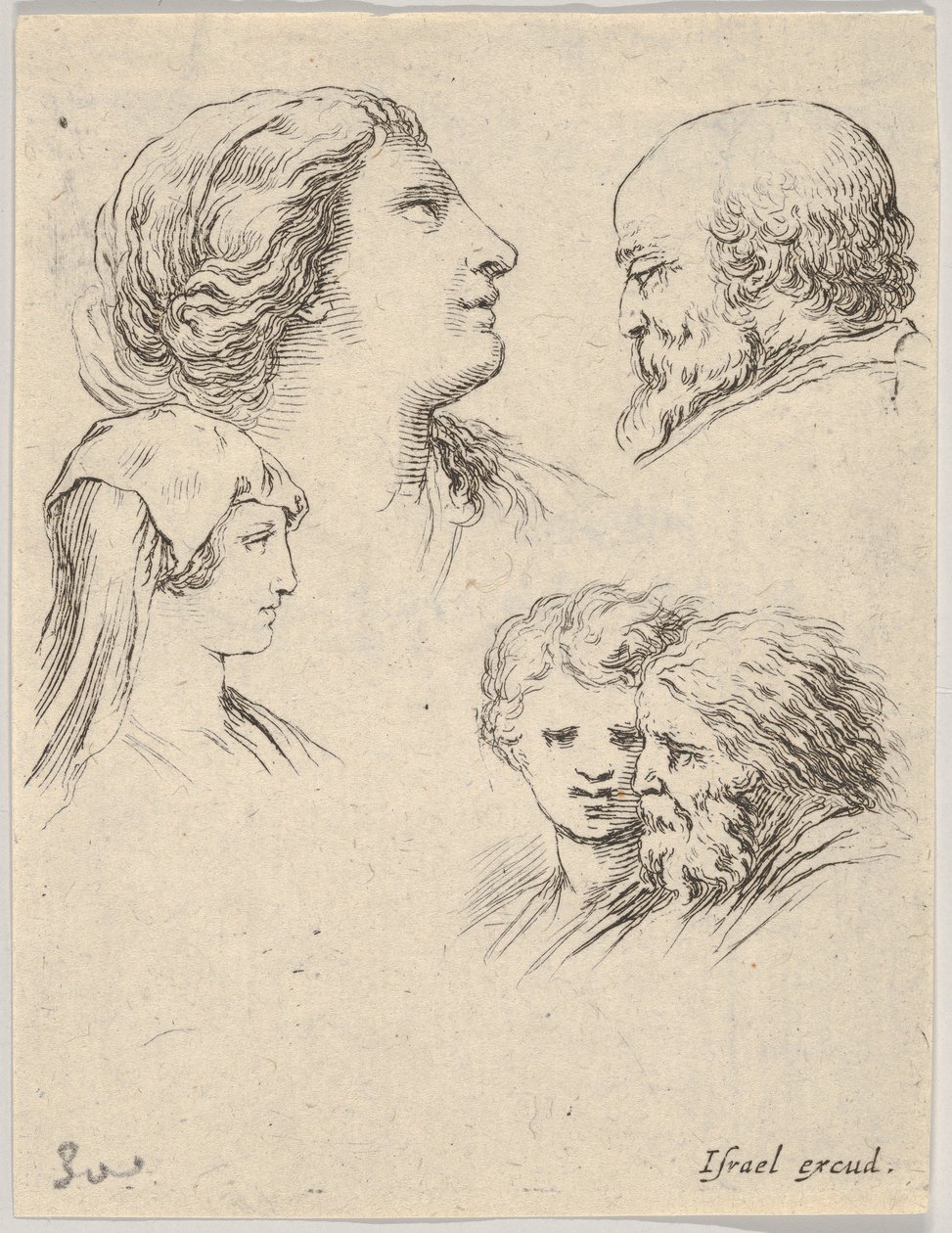 Planche 9 : cinq têtes, deux jeunes femmes à gauche, un homme barbu en haut à droite, une jeune femme..., vers 1649 - Stefano della Bella