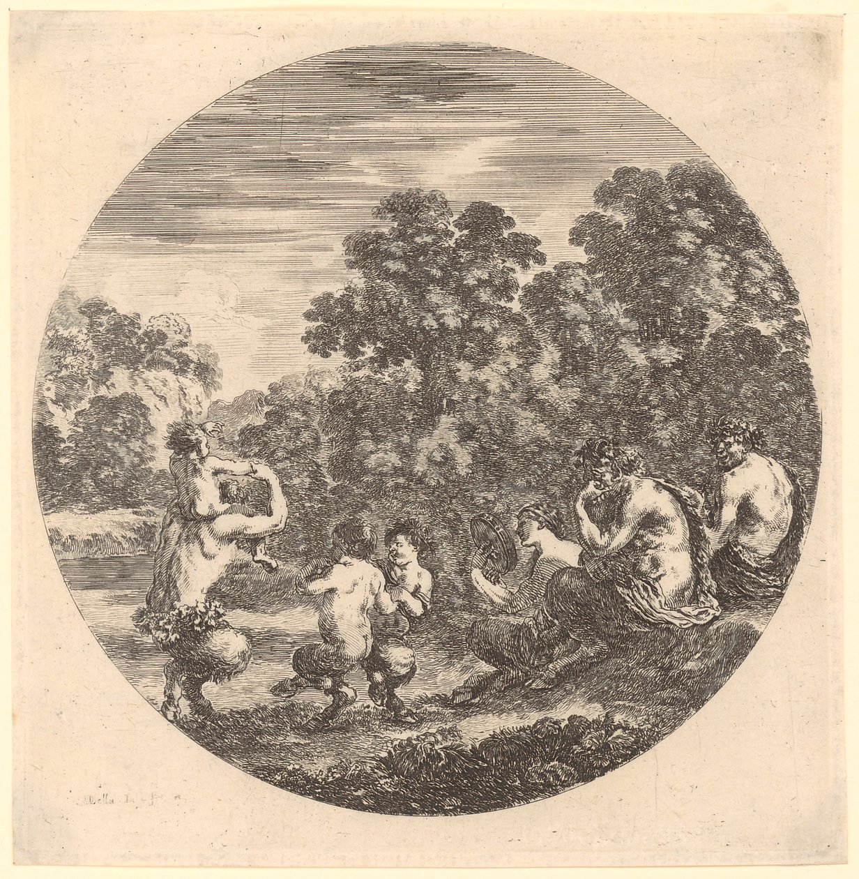 Une famille de satyres jouant de la musique et dansant, feuille n° 6 de la série « Six motifs animaliers en représentation circulaire » - Stefano della Bella