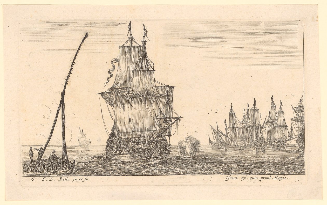 Paysage marin avec un grand navire et un phare au premier plan - Stefano della Bella
