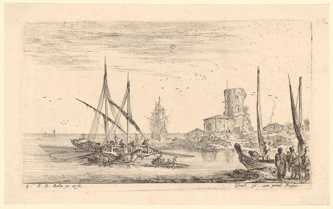 Paysage marin avec plusieurs bateaux et une vieille tour sur la plage - Stefano della Bella