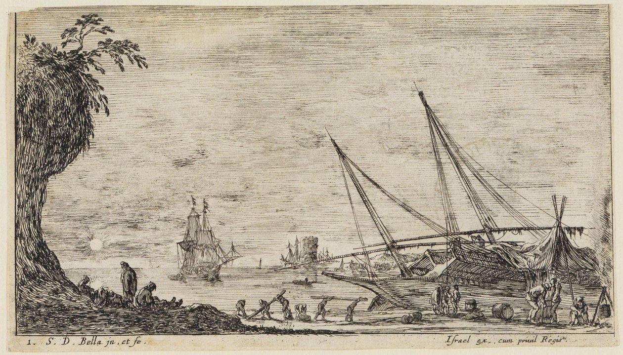Paysages maritimes : port maritime avec des marins et des ouvriers transportant des troncs d