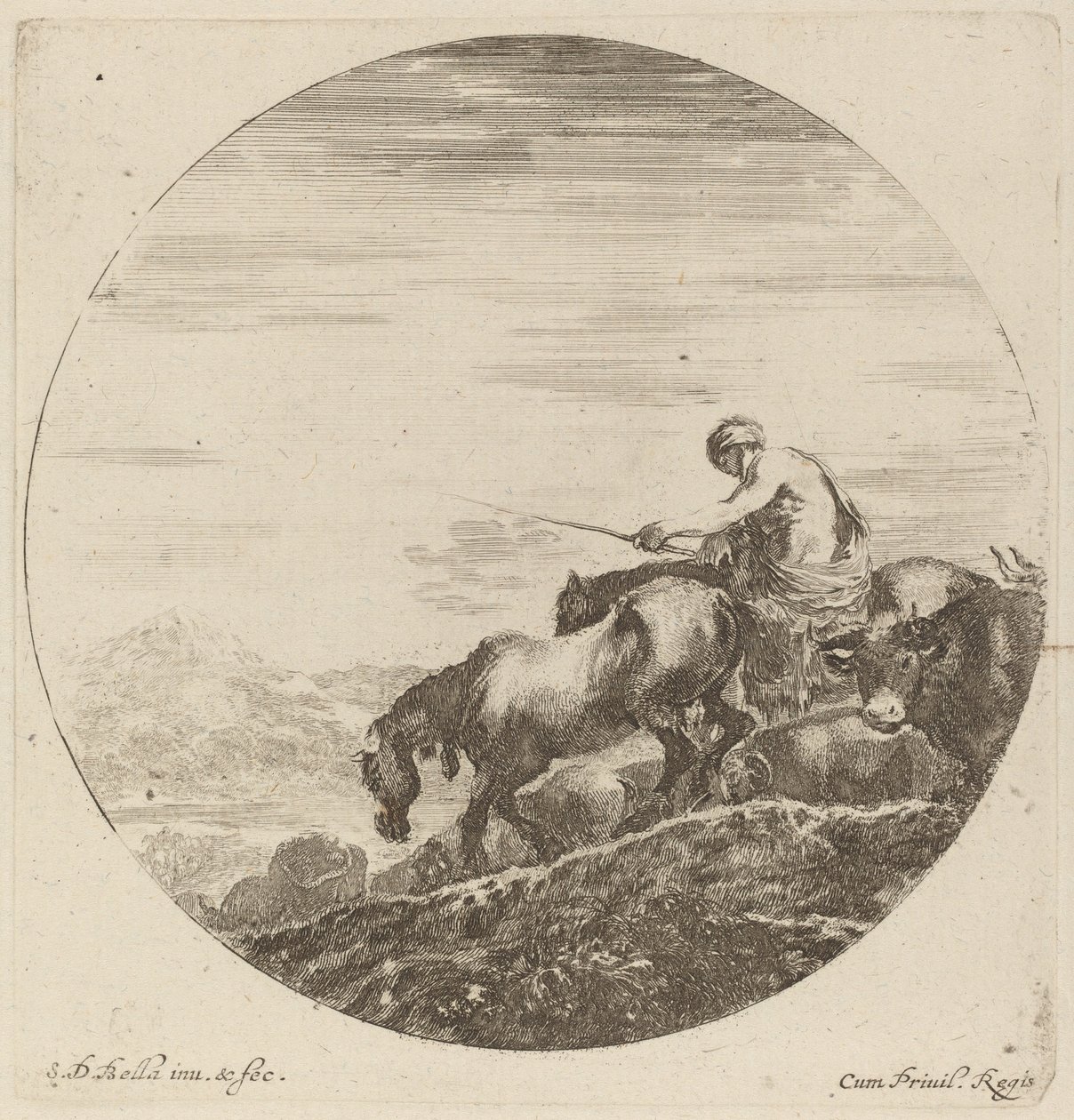 Berger à cheval conduisant un troupeau de divers animaux - Stefano della Bella