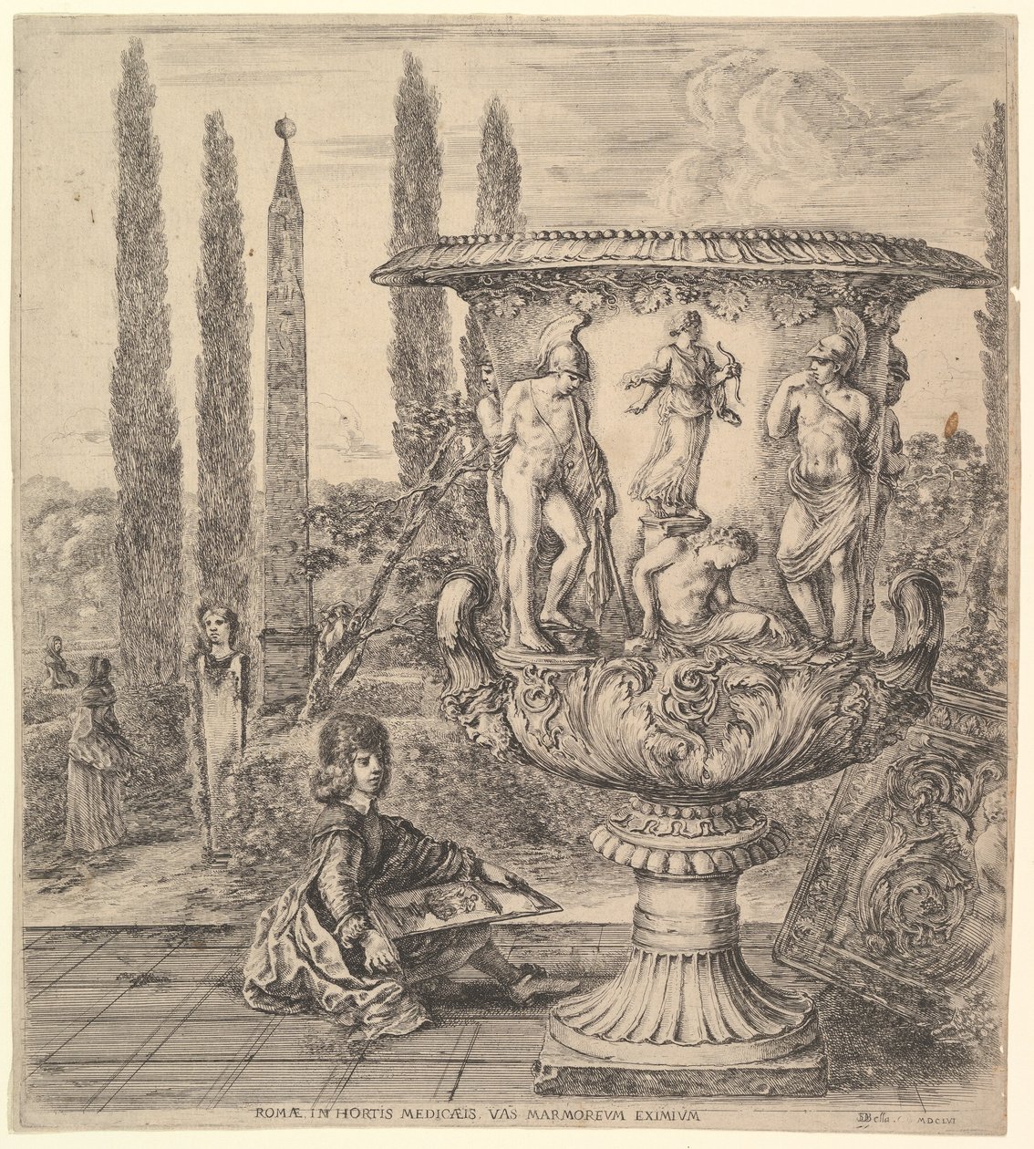 Le vase Médicis, un grand vase à droite décoré d