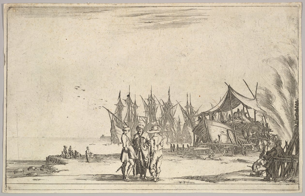 Trois hommes portant des chapeaux debout au centre, des hommes réparant un navire à droite, cinq navires et divers, 1639 - Stefano della Bella