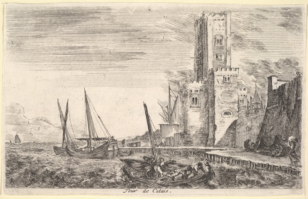 Tour de Calais, tour à droite, deux navires en mer à gauche et au centre, 1647 - Stefano della Bella