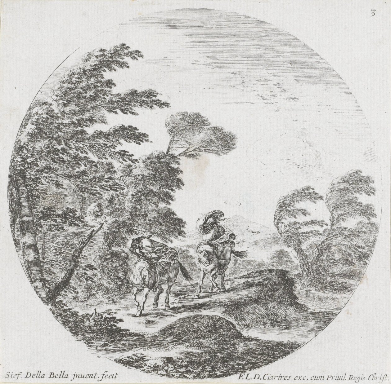 Deux cavaliers contre le vent (Paysages et ruines de Rome) - Stefano della Bella