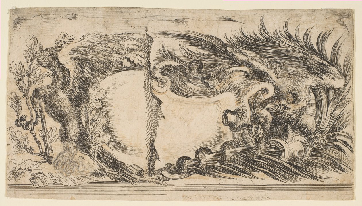 Deux moitiés différentes de cartouches montrant chacune un aigle combattant un serpent, 1646 - Stefano della Bella