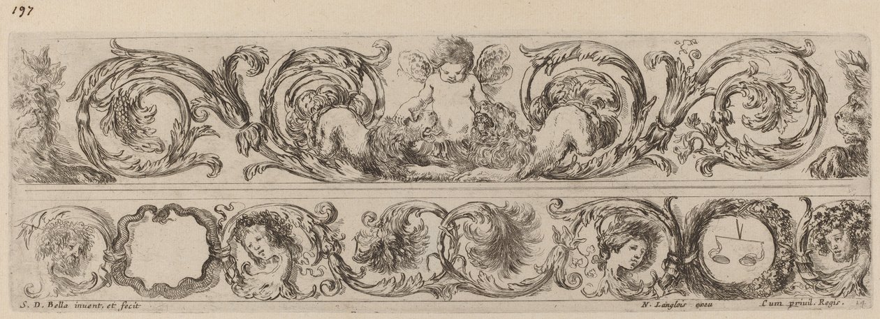 Deux bandes ornementales avec Cupidon et têtes des quatre saisons - Stefano della Bella