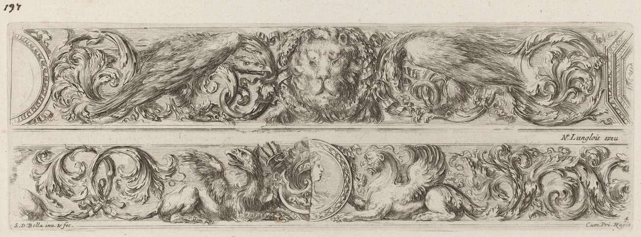 Deux bandes ornementales avec tête de lion et femme, probablement 1648 - Stefano della Bella