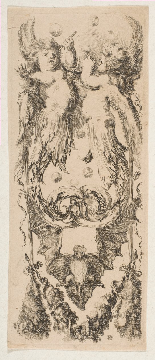 Deux enfants ailés avec des corps se transformant en ornement soufflant des bulles, vers 1653 - Stefano della Bella