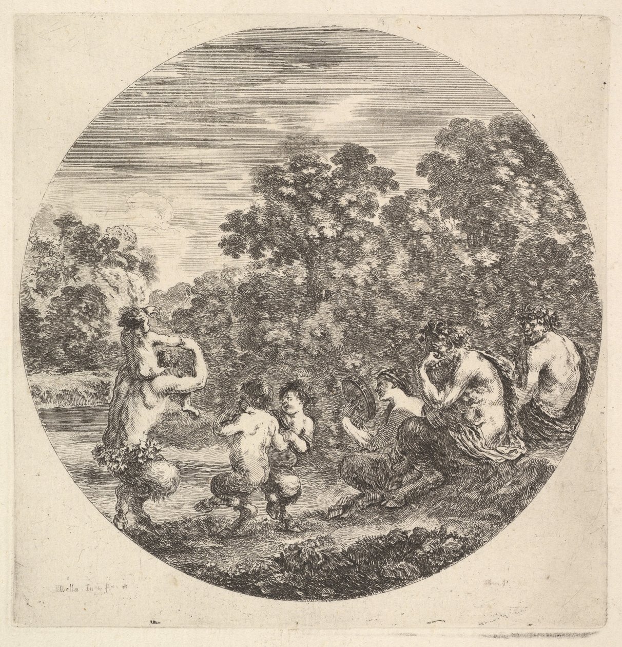 Deux satyres et un faune assis à droite regardant deux enfants satyres et un autre satyre..., ca. 1643-48 - Stefano della Bella