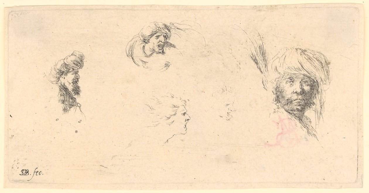 Diverses études de têtes ; à droite, un homme à la peau foncée portant un turban - Stefano della Bella