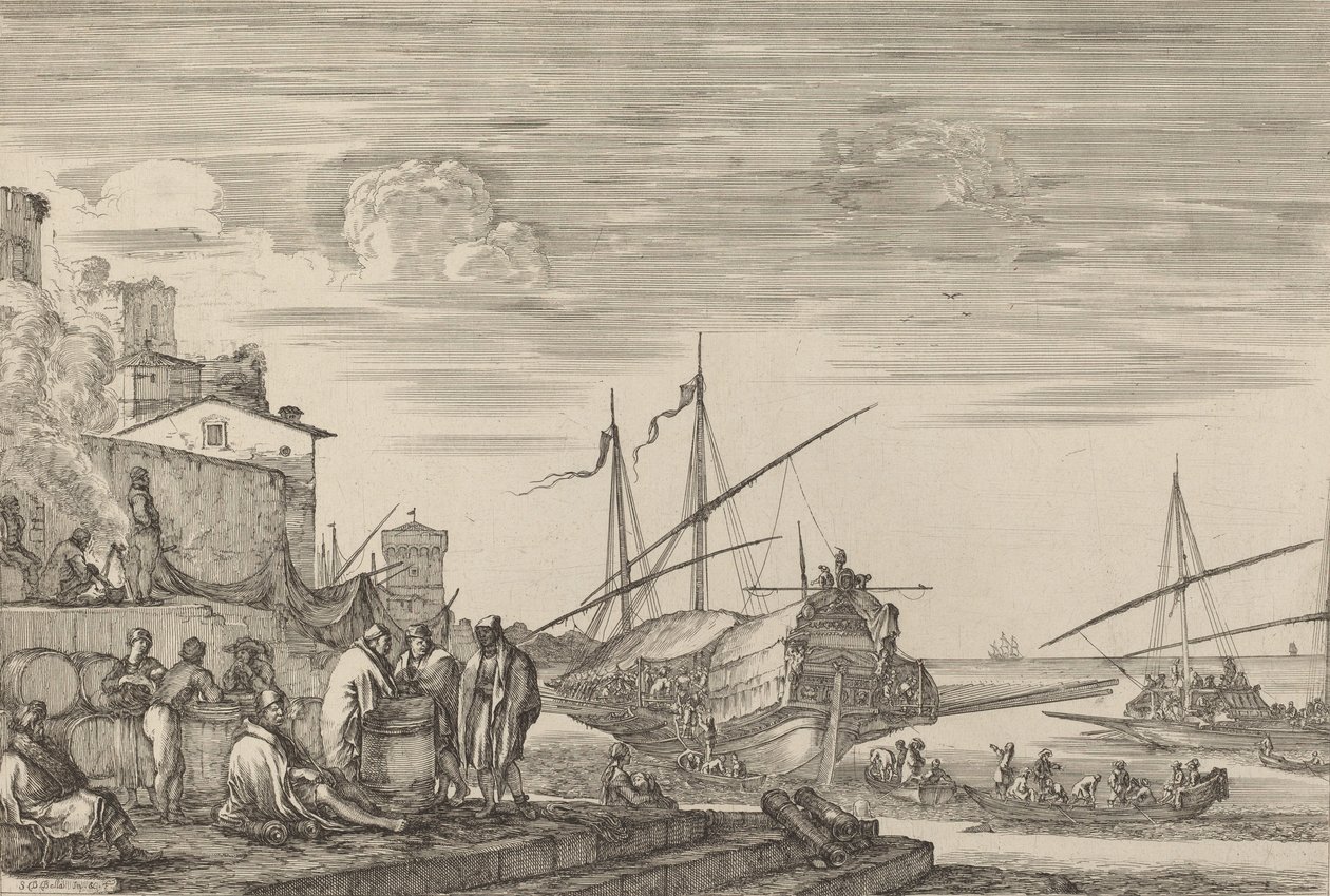 Vue de plusieurs maisons face au port, probablement vers 1654-1655 - Stefano della Bella