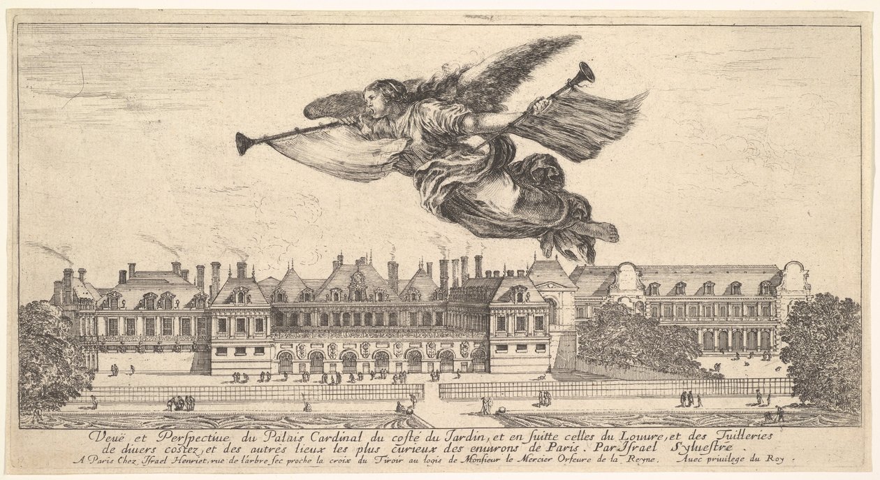 Vue du Palais Cardinal, la figure de la Renommée au centre en haut volant vers la gauche - Stefano della Bella