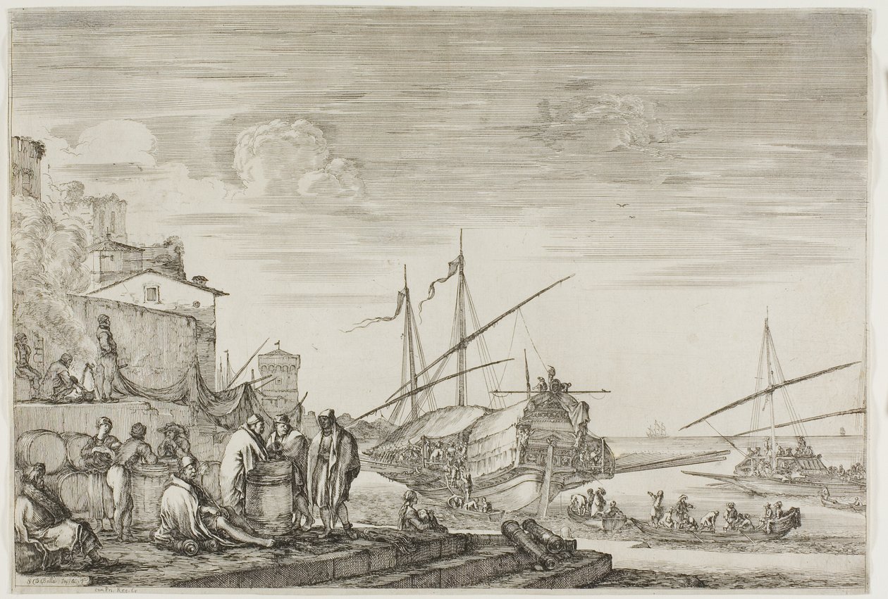 Vues du port de Livourne : Maisons surplombant un port - Stefano della Bella