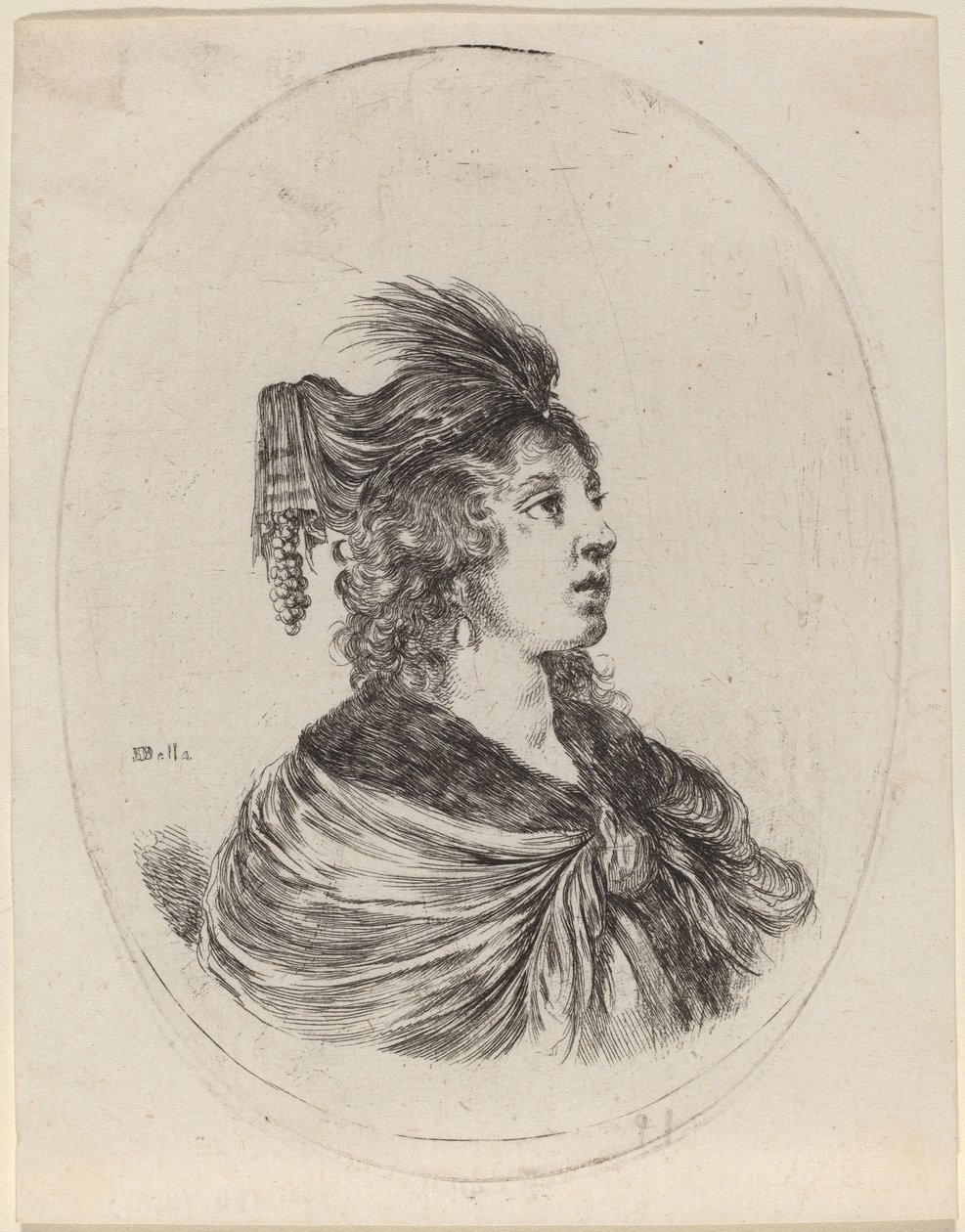 Femme avec un turban à plumes, tournée vers la droite - Stefano della Bella
