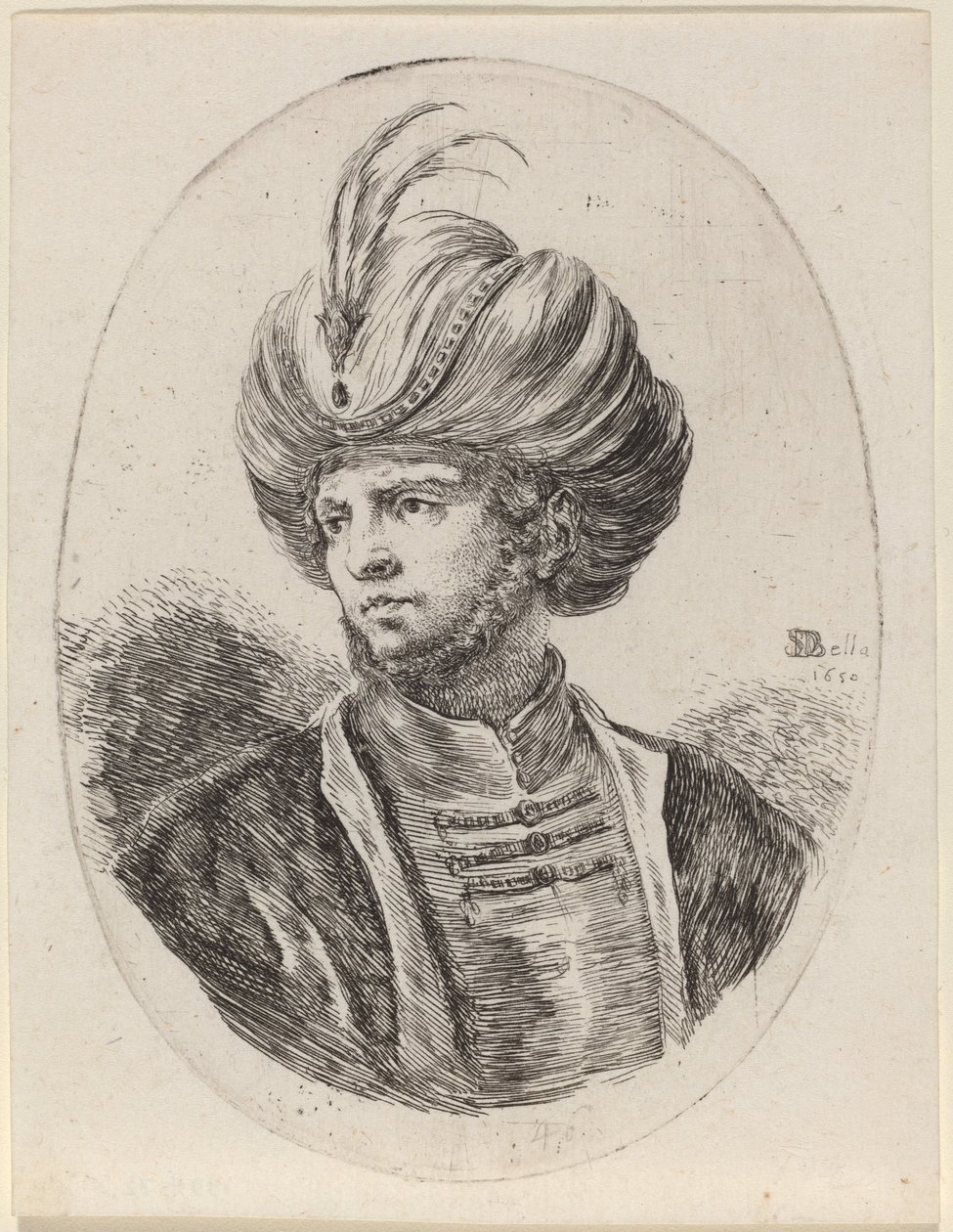 Jeune Maure avec une légère barbe et un turban à plumes, tourné vers la gauche - Stefano della Bella