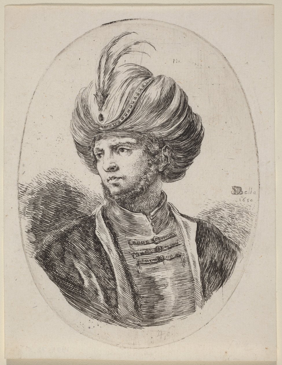Jeune Maure à la barbe légère et au turban orné de plumes, tourné vers la gauche - Stefano della Bella