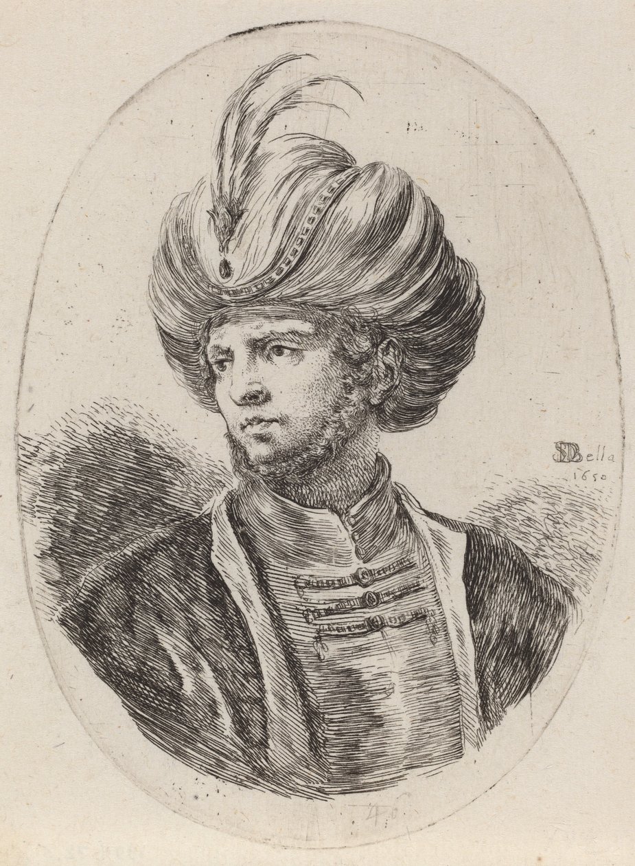 Jeune Maure avec une légère barbe et un turban à plumes, tourné vers la gauche, 1650 - Stefano della Bella