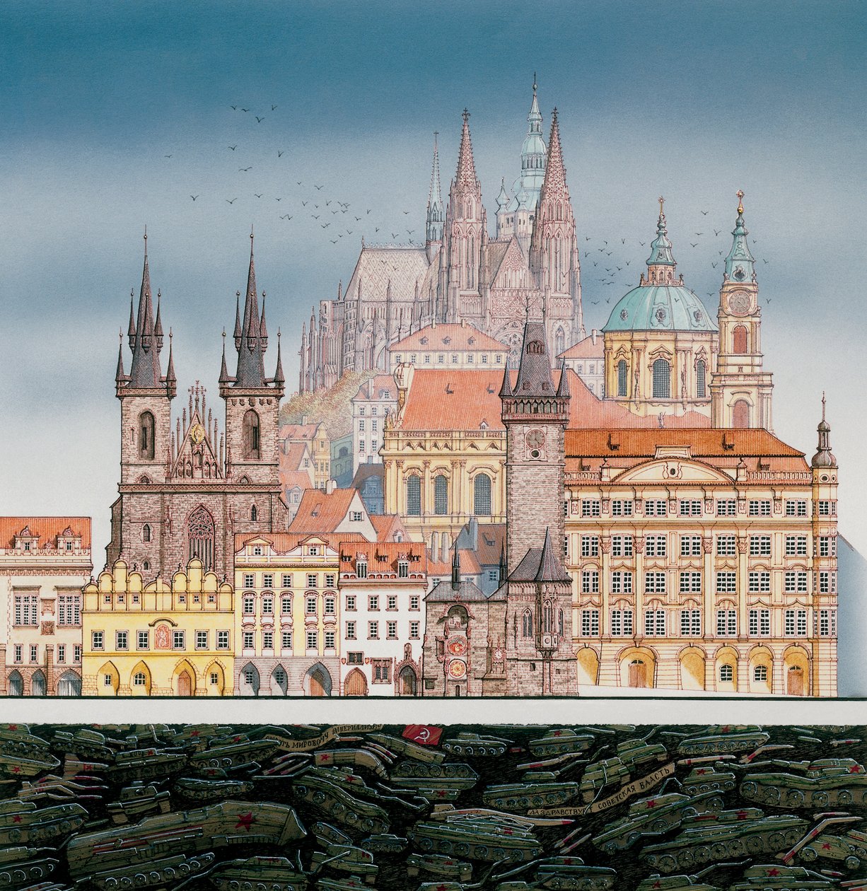 Bâtiments de Prague et chars russes, vers 1980-1991 - Stephen Conlin