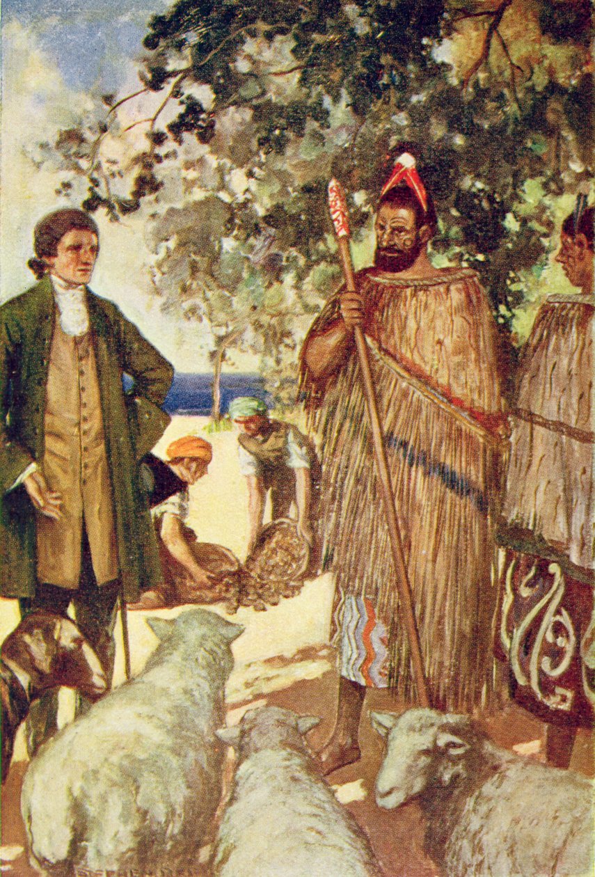 Le capitaine Cook (1728-79) présente aux indigènes des moutons et des chèvres, illustration de 