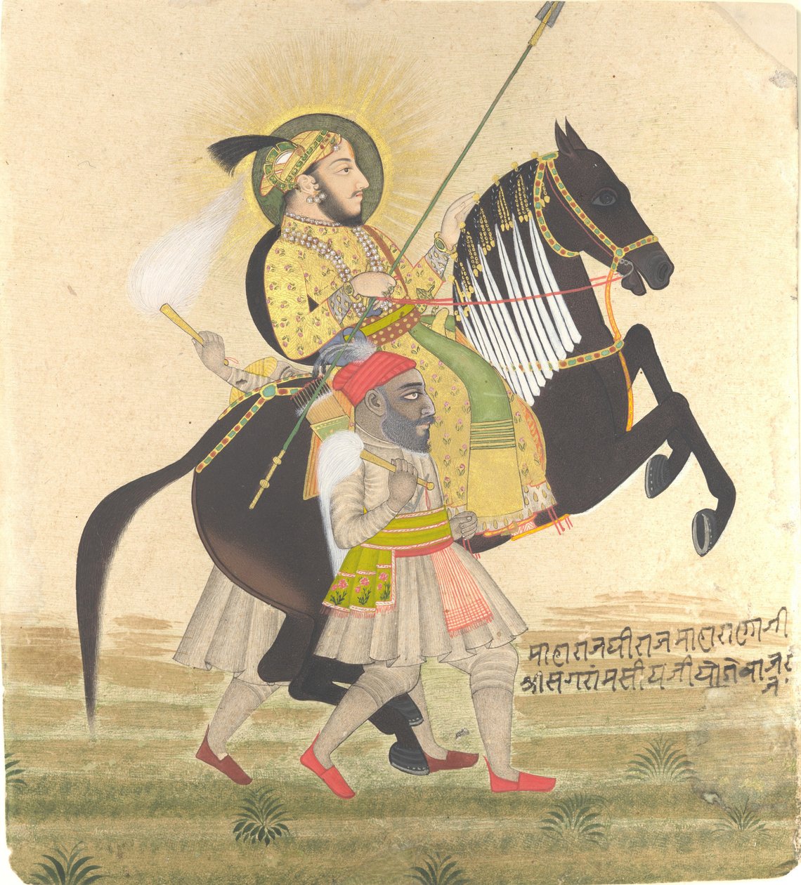 Maharana Sangram Singh chevauchant un étalon primé - Stipple Master