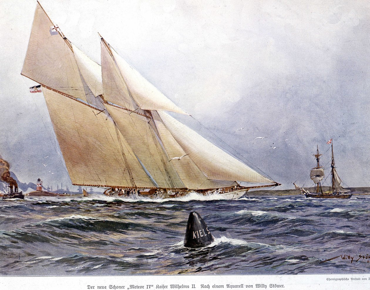 Course de voile : le voilier "Meteor IV" - Aquarelle de Willy Stower - Willy Stoewer 