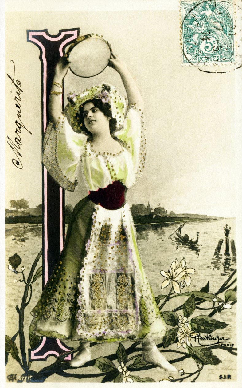 I : Mlle Fischer, artiste des années 1900 - Alphabet en carte postale - Studio Reutlinger