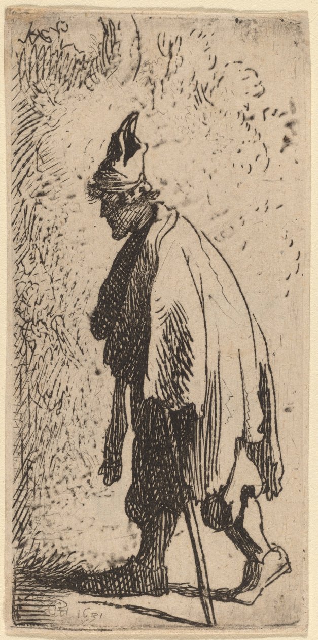 Mendiant avec un bâton, marchant vers la gauche - Studio of Rembrandt van Rijn