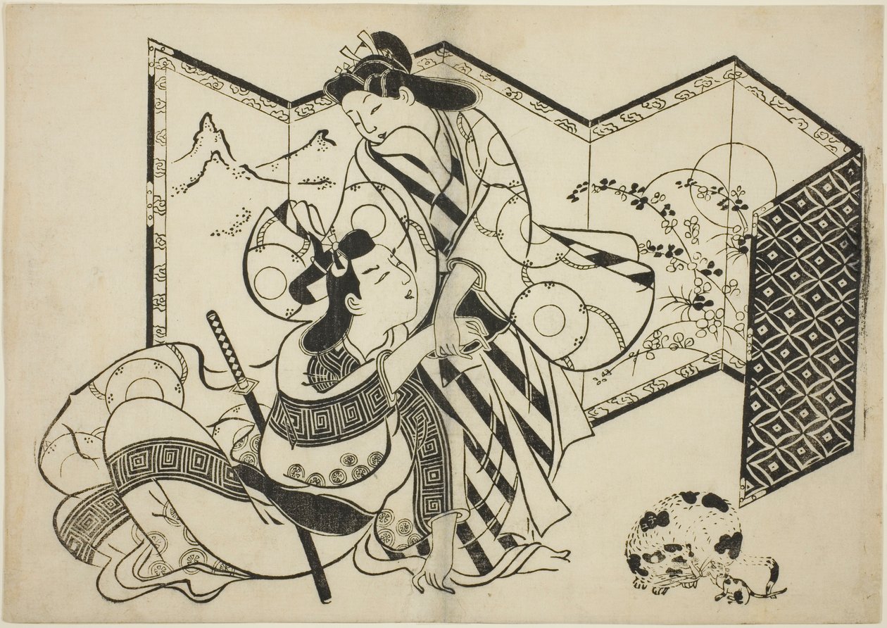 Amoureux, un chat et une souris devant un paravent - Sugimura Jihei
