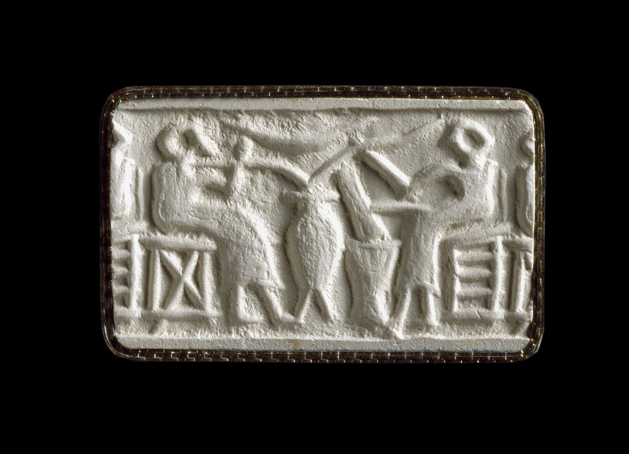 Impression de sceau cylindrique de deux figures assises buvant à travers des tubes, Kish, Irak, probablement vers 2500 av. J.-C. (impression en plâtre) - Sumerian