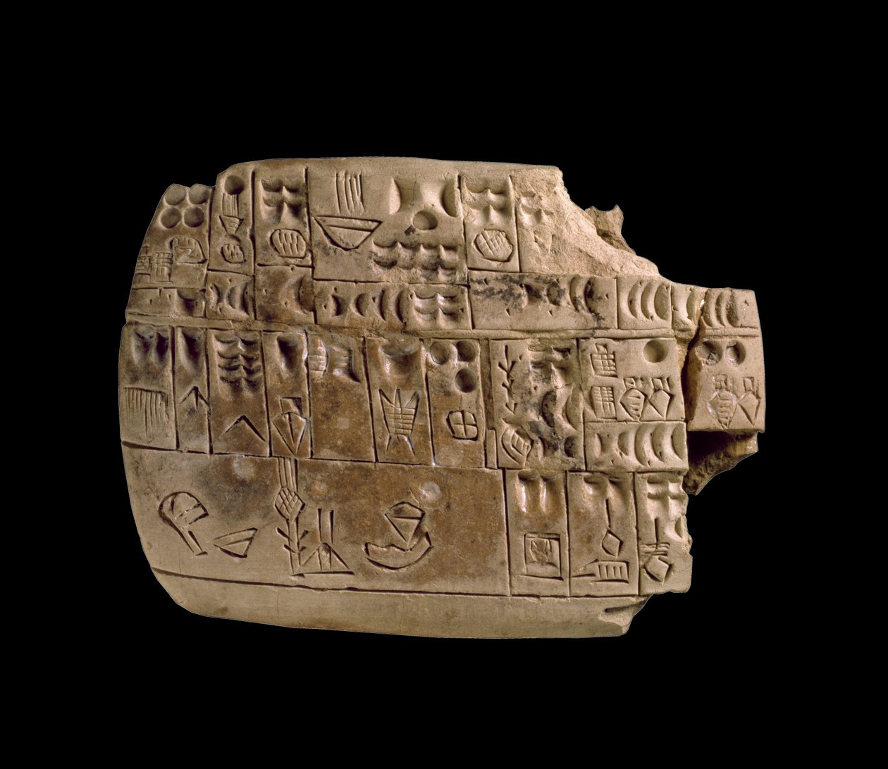 Tablette de Jamdat Nasr en Irak, listant des quantités de diverses marchandises en sumérien archaïque (écriture cunéiforme précoce) vers 3200-3000 av. J.-C. - Sumerian