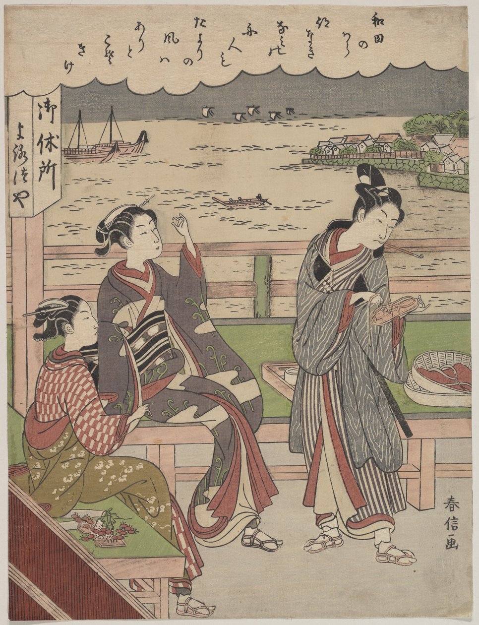Un homme et deux femmes dans une maison de thé à Wada no Ura surplombant la mer - Suzuki Harunobu