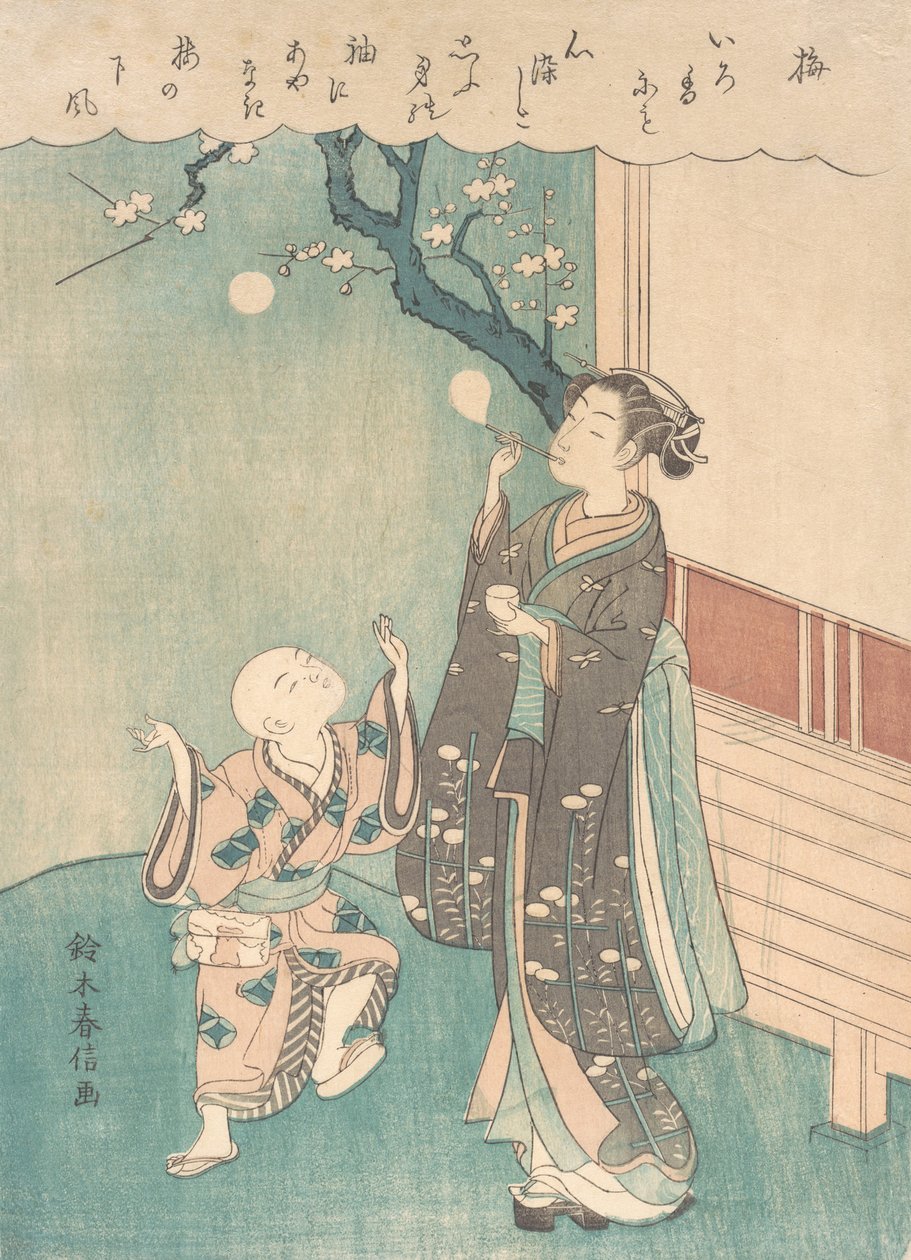 Souffler des bulles de savon sous la fleur de prunier - Suzuki Harunobu