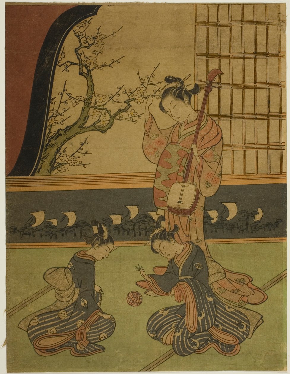 Courtisane regardant ses servantes jouer avec une balle - Suzuki Harunobu