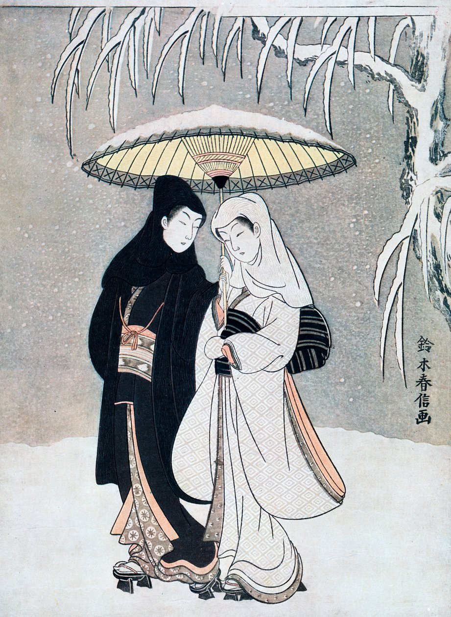 Corbeau et Héron, ou Jeunes Amoureux marchant ensemble sous un parapluie pendant une tempête de neige, vers 1769 - Suzuki Harunobu