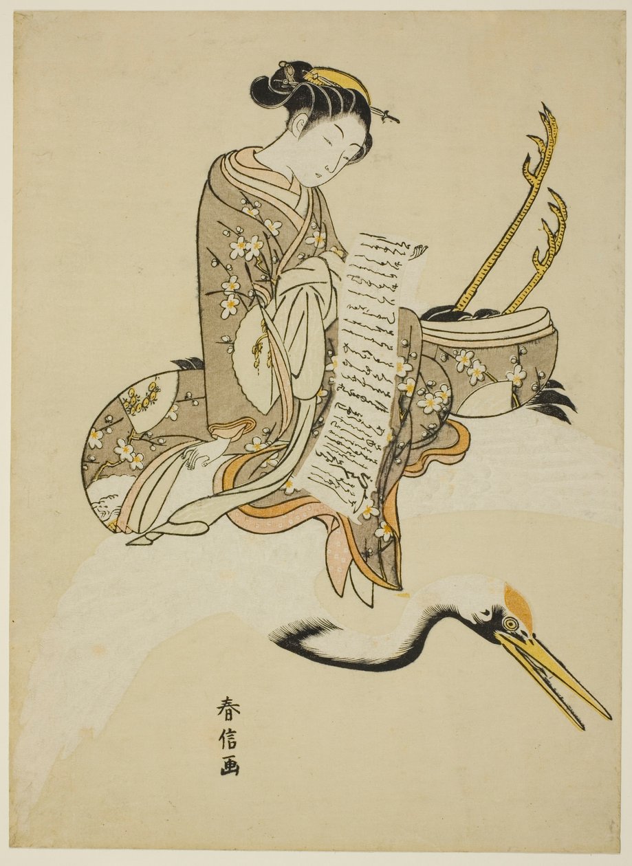 Fille chevauchant une grue (parodie de Hi Chobo [Chinois : Fei Zhangfang]) - Suzuki Harunobu