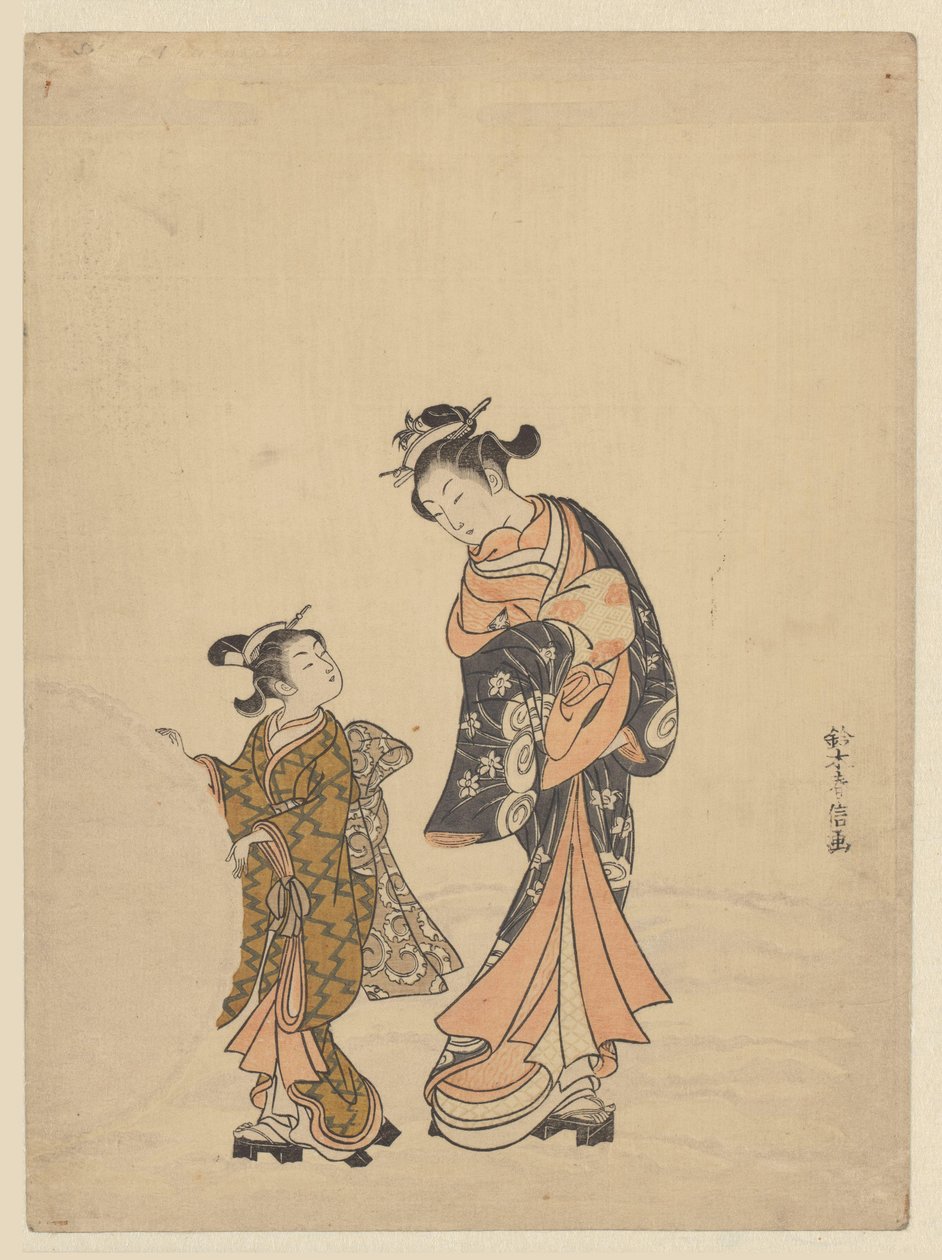 Jeune femme et fille avec boule de neige - Suzuki Harunobu