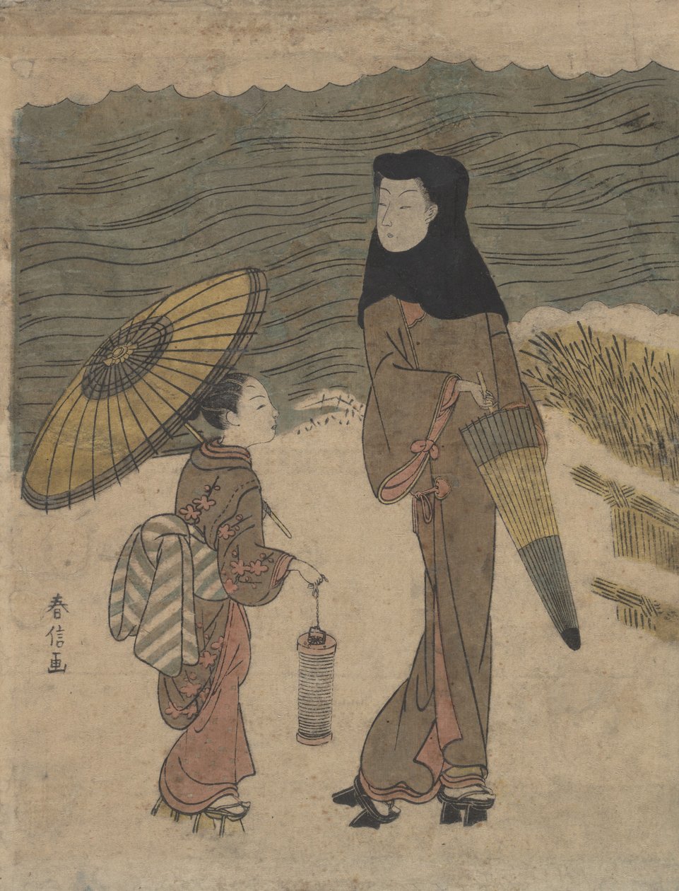 Dame avec capuche noire et parapluie se promenant avec un jeune assistant - Suzuki Harunobu